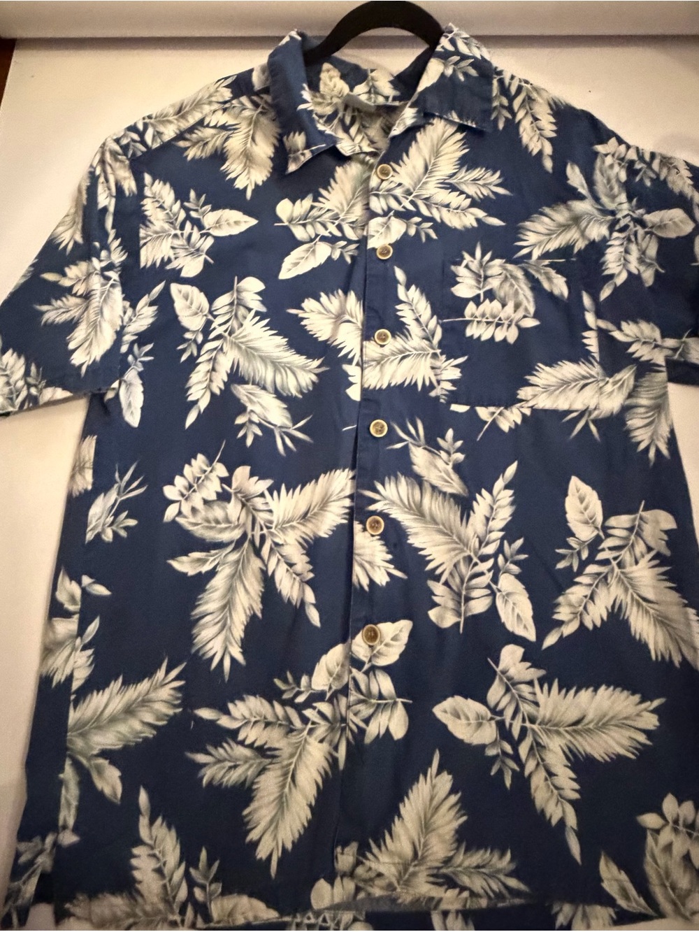 OP Men's Navy Blue Tropical Leaf Print Button-Down Shirt